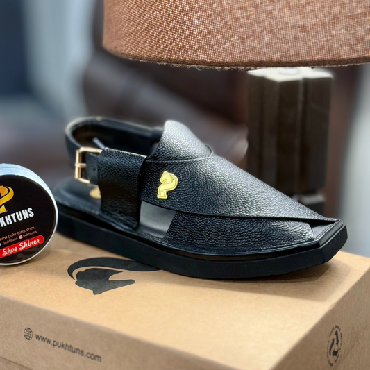Side angle of Black Kaptaan Chappal Handmade – by Pukhtuns showing leather finish