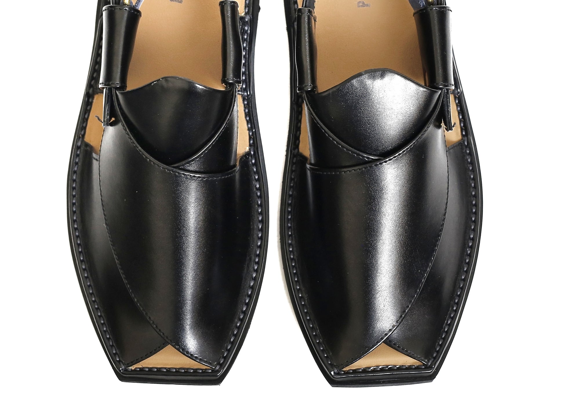 Top view of slim T-style Kaptaan Chappal in shiny black finish