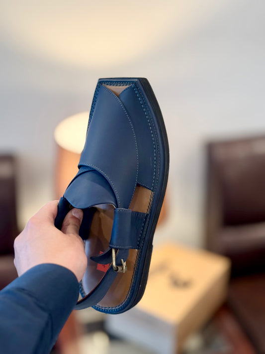 Closeup of Matt Blue leather texture on Kaptaan Chappal