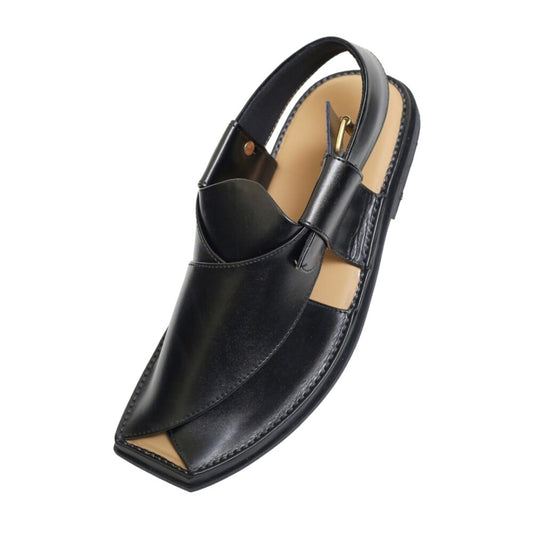 Front view of Shiny Black T-Shape Kaptaan Chappal by Pukhtuns