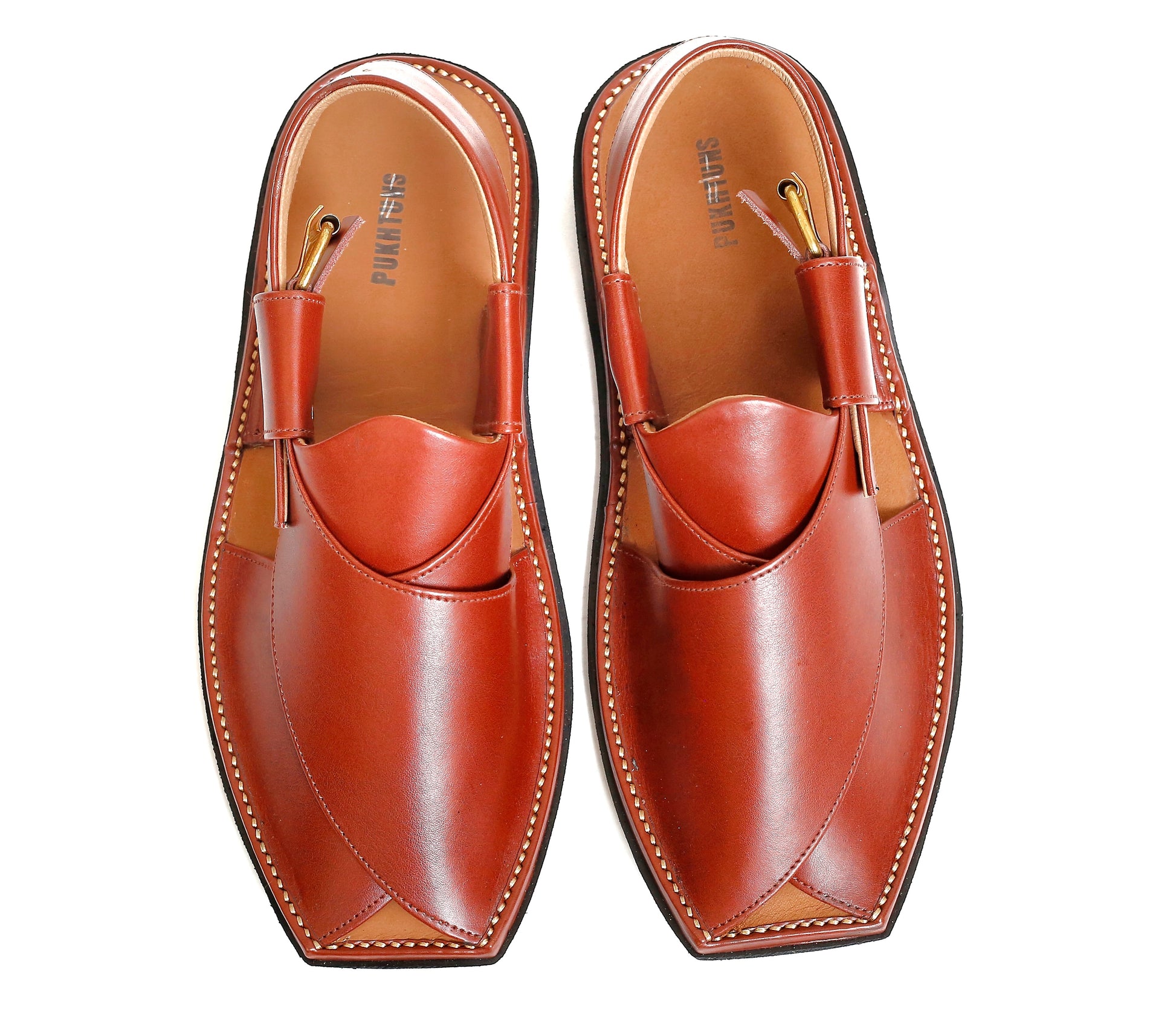 Closeup of Shiny Burgundy leather texture on T Shape Kaptaan Chappal